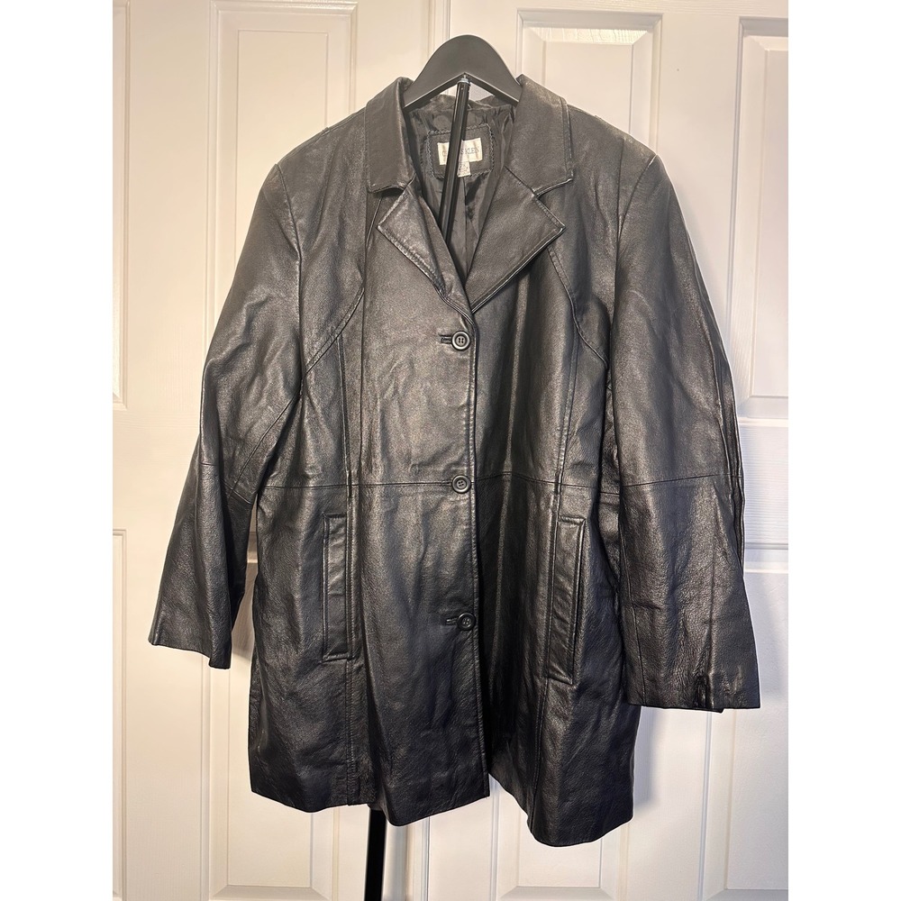 Charles Klein Black Genuine Leather Jacket Coat Womens 2X Plus Size 3 Button